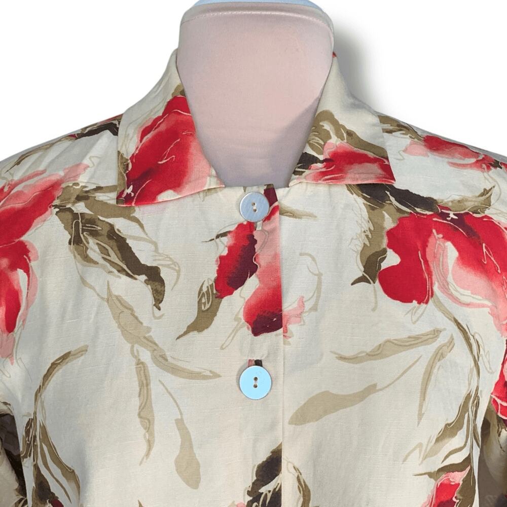 Vintage Silk Linen Floral Shirt Jacket Red Rose Cottagecore Medium Romantic